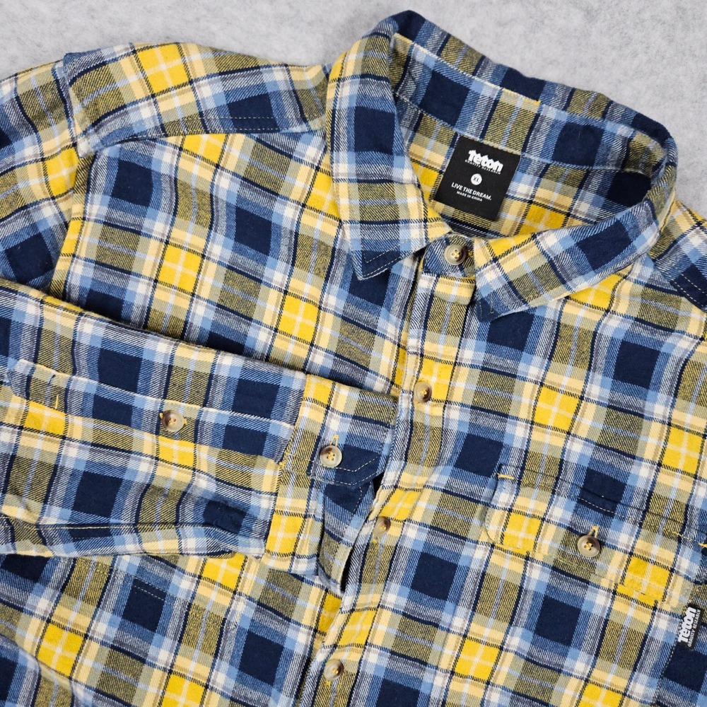 Teton Gravity Research Mens XL Yellow Blue Plaid Flannel Button Up Shirt Outdoor